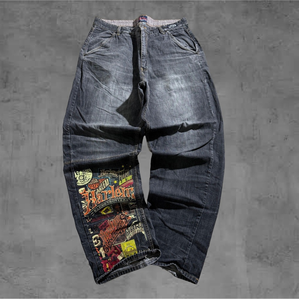 Vintage Harlem Globetrotters Baggy Grunge Y2k Archive Denim‎ Black Jeans Size 38